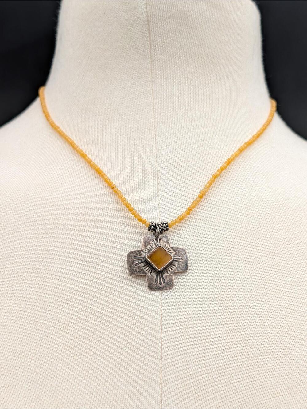 Southwestern 925 Sterling Silver Honey Chalcedony Breaded Cross 18" Necklace